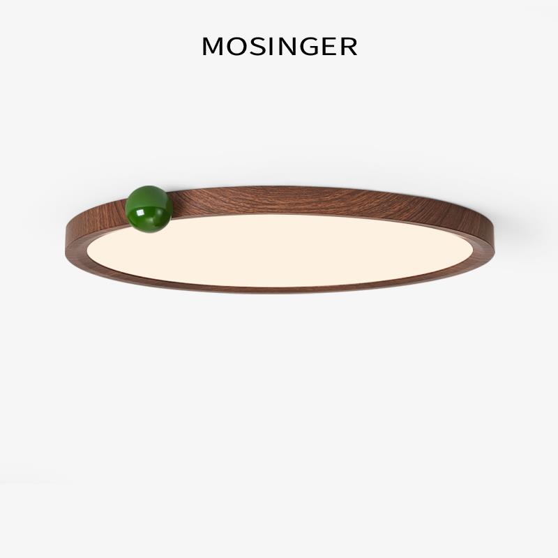 侘寂风覆古绿色奶豆卧室吸顶灯中古胡桃木纹房间灯超薄极简主卧灯