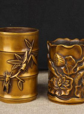 铜梅兰竹菊笔筒 铜花笔铸造浮雕金筒铜马笔筒铜龙 笔筒荷铜蝉笔筒