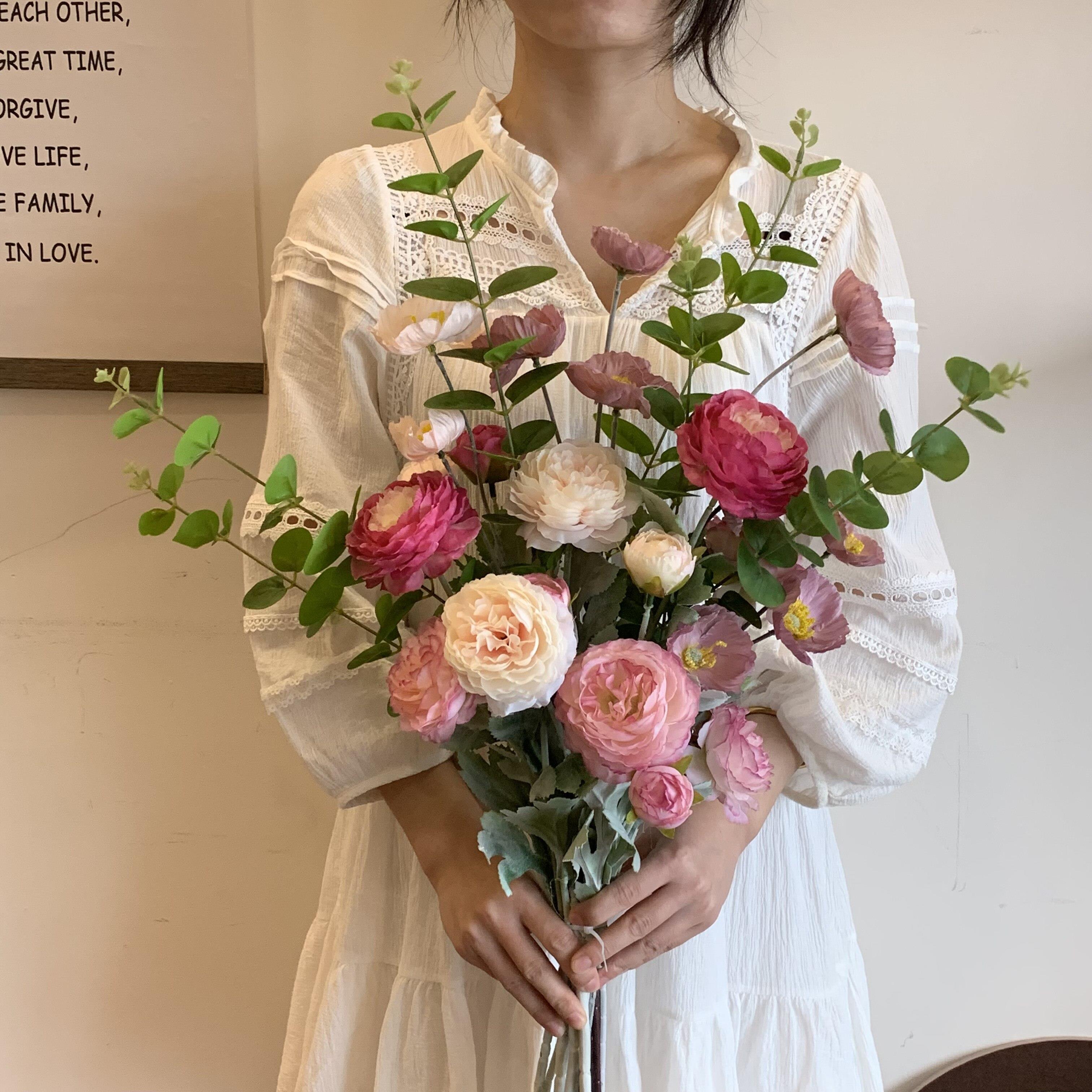 (梦泽）露莲花束尤加利叶虞美人粉紫色系彷真花束 9支花材
