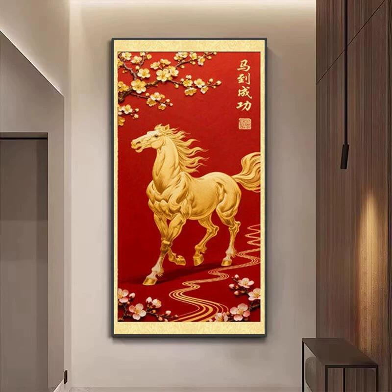 骏马中式梅花马到成功卧室装饰画客厅挂画金色2026挂画红色风画