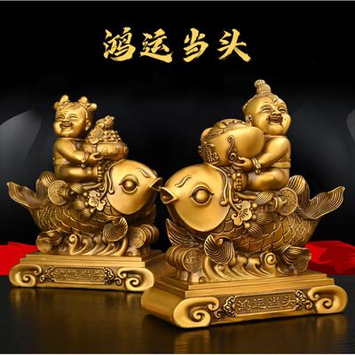 纯黄铜童子送福摆件童男童女一对年年有鱼善财童子中式家居摆件
