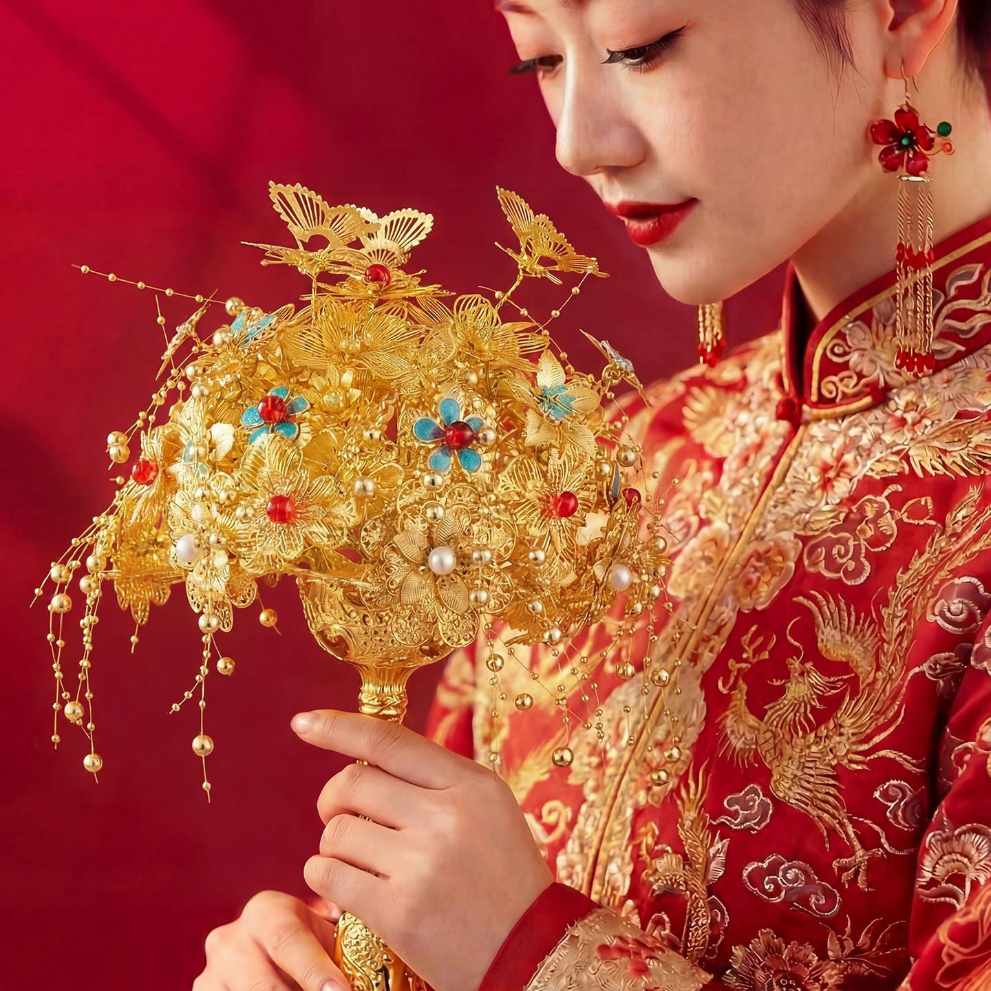 金色手捧花满天星蓝色结婚团扇新娘重工扇高级秀禾婚礼婚扇diy