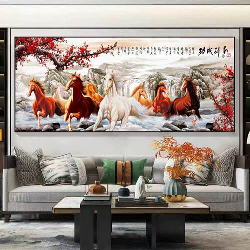 现代轻奢客厅装饰画马到成功沙发背景墙挂画八骏图高档大气晶瓷画