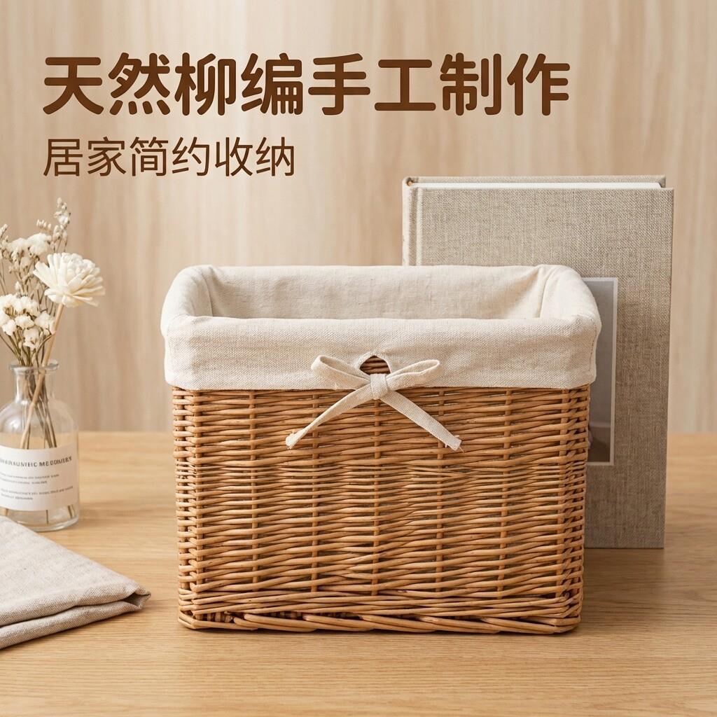 柳编收纳筐厨房储物筐杂物盒田园布艺盒网红化妆品整理箱水果篮子