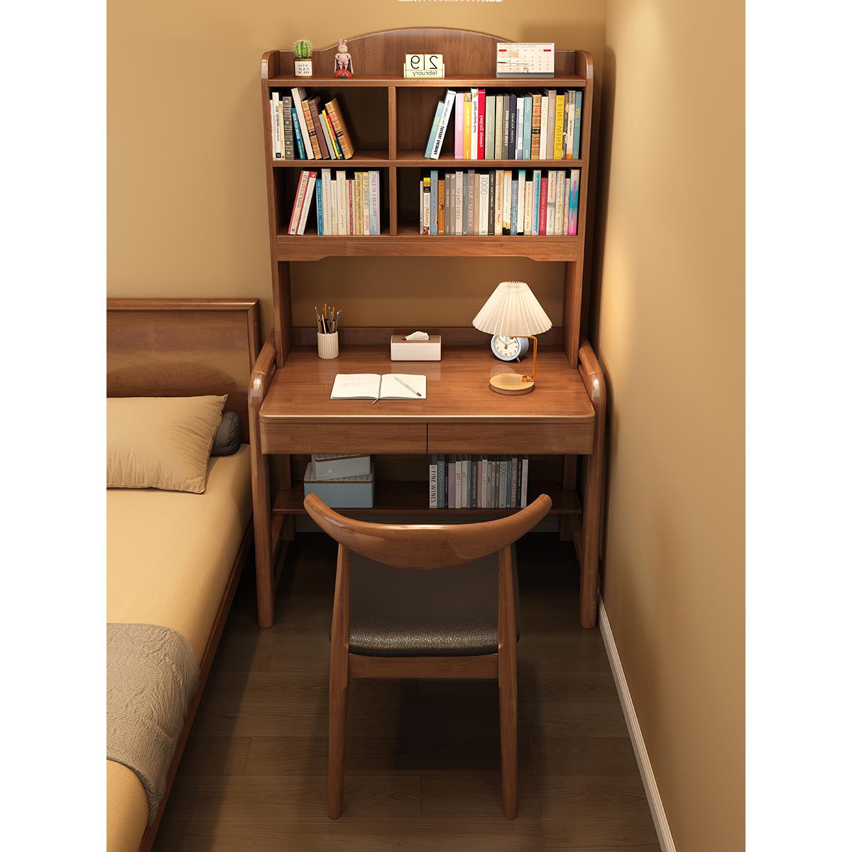 北欧实木书桌带书架家用儿童学习桌卧室墙角学生写字桌简易电脑桌