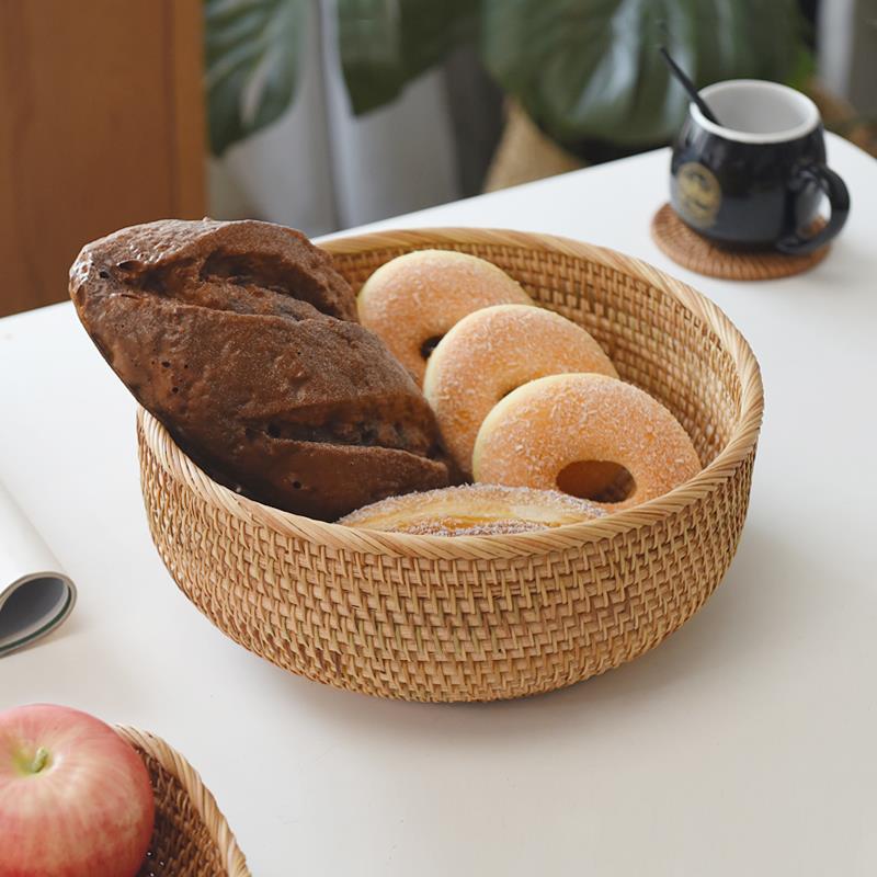 越南藤编收纳筐水果篮客厅面包盘圆形收纳篮桌面家用零食篮杂物筐