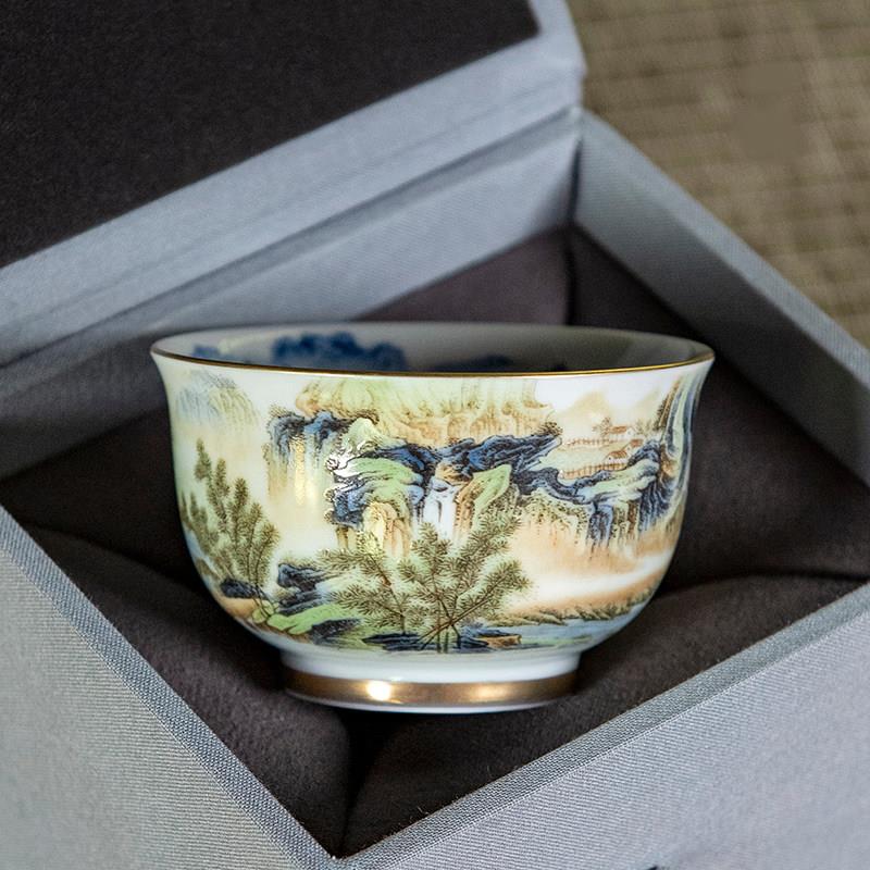景德镇珐琅彩主人杯功夫茶具国风山水品茗杯青花山水茶杯单杯大号