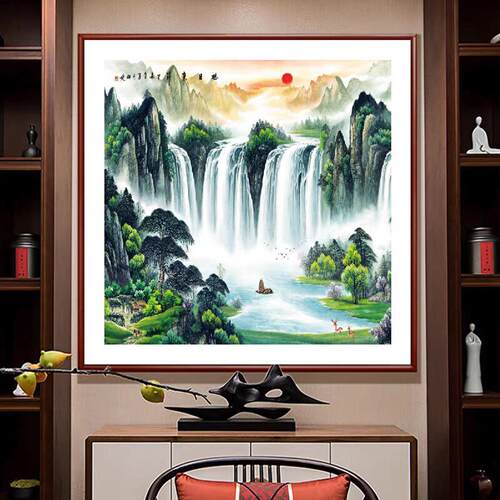 高山流水画聚宝盆国画山水画玄关办公室实木框旭日东升八方聚财画