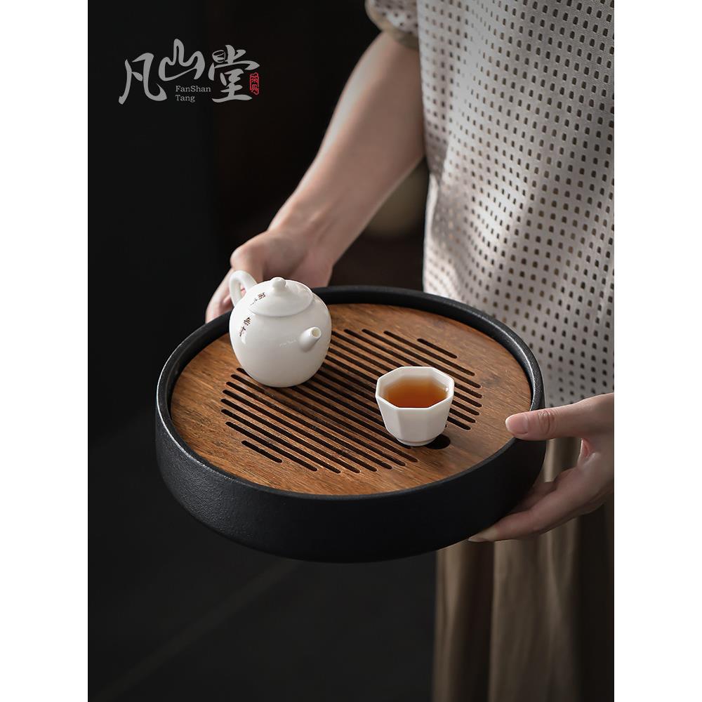 重型竹制日月茶盘家用简易干茶几竹制贮水式小茶海圆茶具排水盘