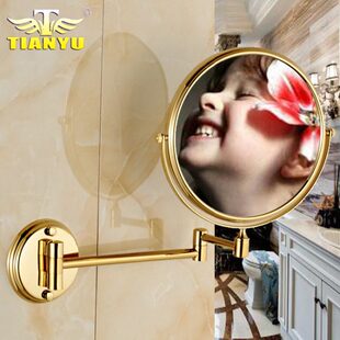 免打孔欧式金色美容镜浴室化妆镜壁挂铜浴室化妆镜双面放大折叠镜