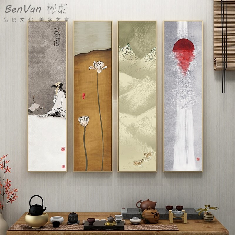 日式原木风装饰画新中式禅走茶室挂画意廊荷花Z玄关壁画竖图片