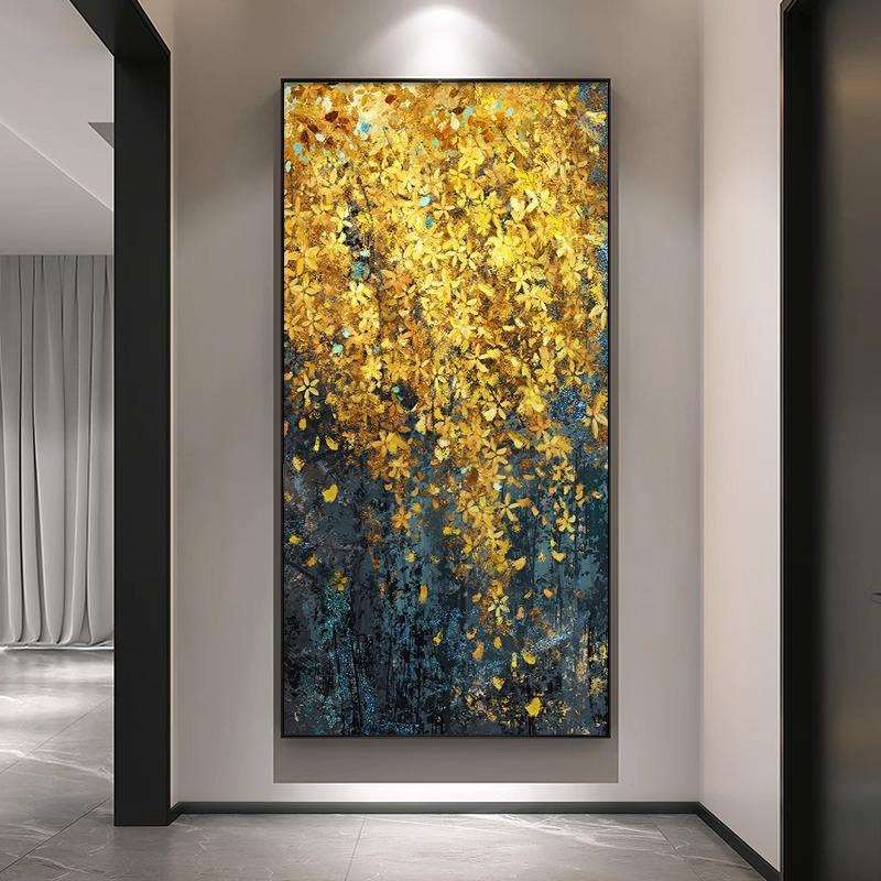 发财树玄关手绘油画竖版迎春花走廊过道挂画大芬村抽象肌理装饰画