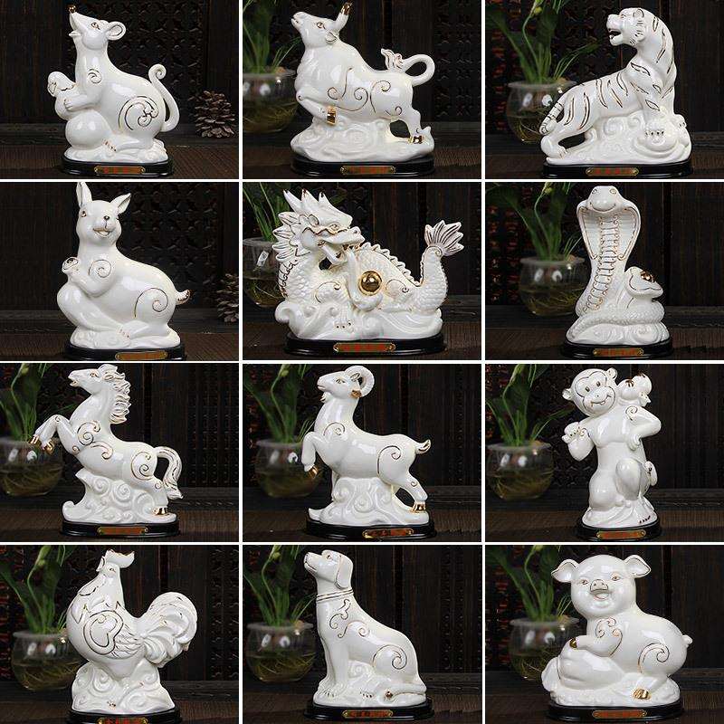 陶瓷十二生肖风水摆件白色鼠牛虎兔龙蛇马羊猴鸡狗猪属相家居饰品