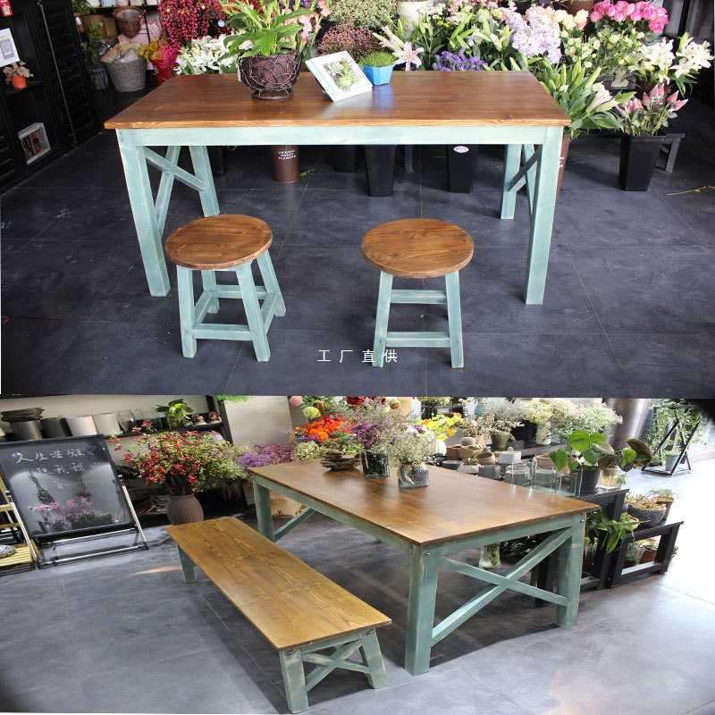 美式桌复古实木桌椅组合长方形做旧阳台桌花店桌子工作台快餐