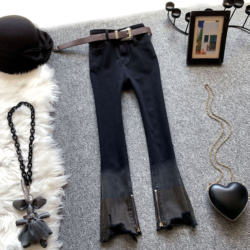 黑色直筒牛仔裤女八分裤高腰秋季渐变不规则O侧拉链七分显瘦九分