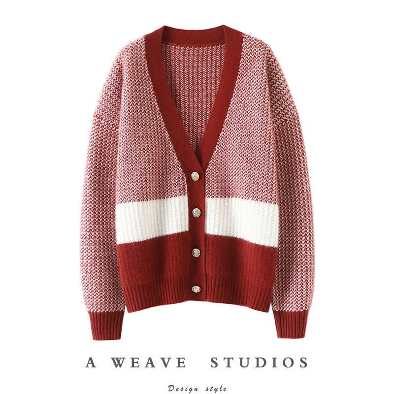 高光气质!金扣V领山羊r绒开衫女纯羊绒毛衣针织开衫外套秋冬加厚