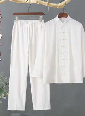 秋唐装男中老年练功太极服纯棉粗布连肩袖传统中式汉服长裤两件套