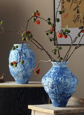 新中式蓝色锤纹陶瓷花瓶餐桌茶室禅意插花装饰品侘寂风花器摆件