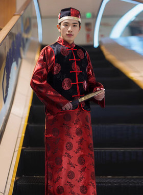 中式婚礼新郎长袍马褂装敬酒礼服红色唐装男款上衣清朝阿哥演出服