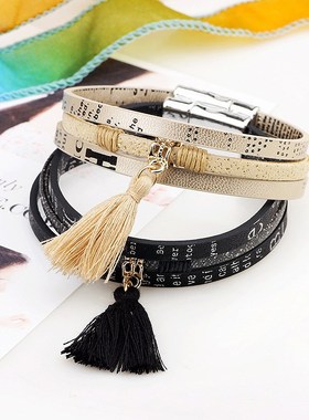 日韩新潮饰品金属磁扣小清新个性流苏手链多根PU皮手环送闺蜜礼物