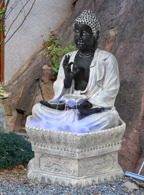 落地招财释迦摩尼佛像流水茶室会所客厅银坊循环水装饰开业乔迁礼
