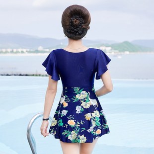 温泉泳装 保守遮肚显瘦连体游泳衣大码 中老年妈妈款 泳衣女2021新款