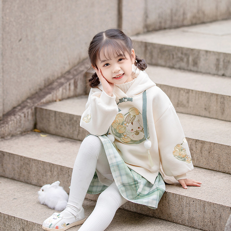 汉服女童冬装宝宝加绒o卫衣加厚裙子儿童唐装中国风刺绣两件套装