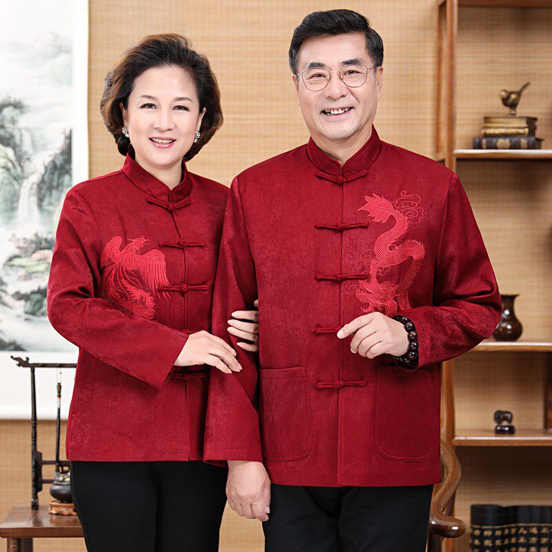 中老年唐装情侣装春秋外套男女爷爷奶奶生日过寿宴会礼服父母夹克