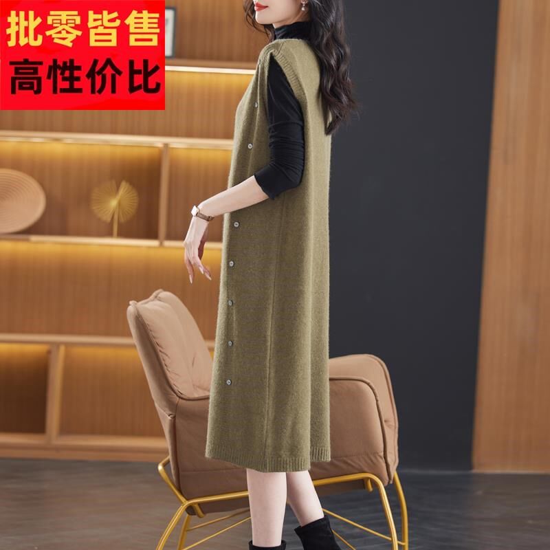 韩版中长款宽松马甲女v领针织连衣裙过膝无袖毛T衣坎肩秋冬背心裙