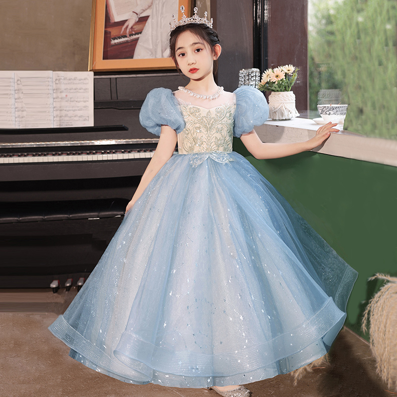 女童公主裙蓝色儿童生日长款高端花童礼服小主持人钢琴Z演出服夏