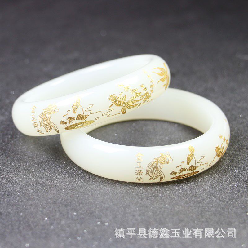 外蒙料碧玉白玉描金雕花手镯花开富贵金玉满堂羊脂白玉菠菜绿玉镯