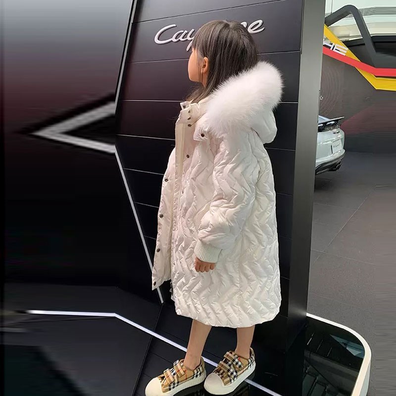 女童羽绒服中长款过膝加厚韩版洋气2D021新款黑色白鹅绒大毛领外