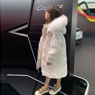 女童羽绒服中长款过膝加厚韩版洋气2D021新款黑色白鹅绒大毛领外
