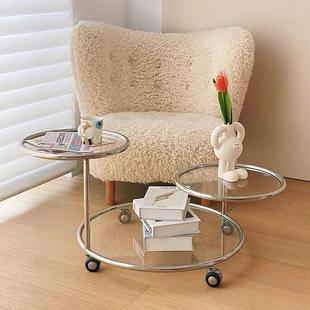 北欧圆形玻璃茶几家用网红ins边几简约现代带轮可移动中古小圆桌