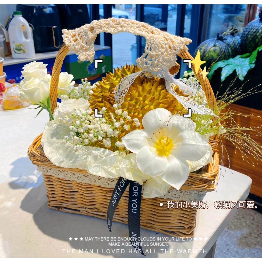 月子鸡蛋花篮水果花篮榴莲花篮草编篮子柳编鲜花精致月子礼物柳编