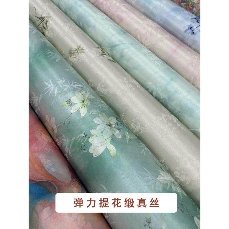 中国式提花真丝织物弹力缎印花亲肤厚重桑丝旗袍礼服面料