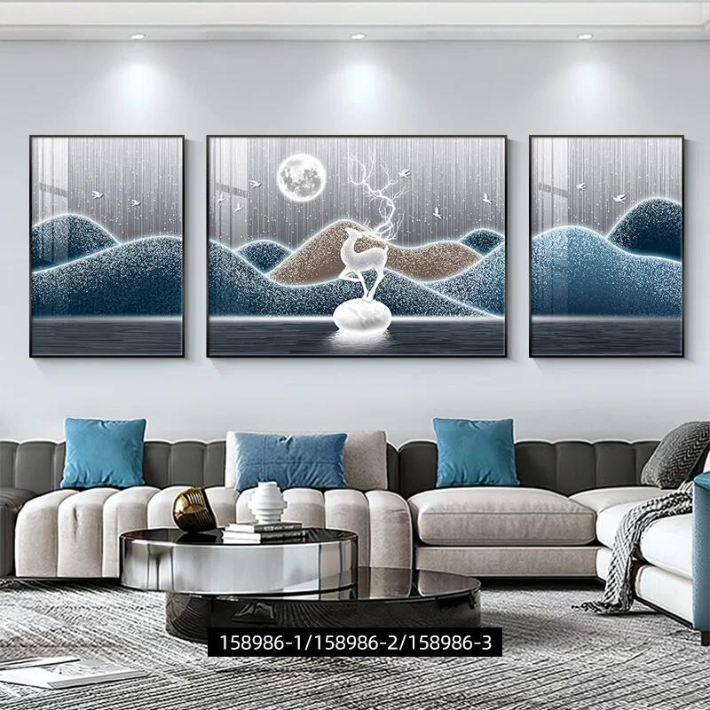 福鹿山水客厅装饰画轻奢高级感沙发背景墙蓝色抽象三联挂画墙壁画