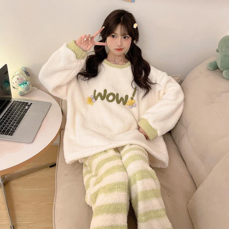 半边绒睡衣女冬季珊瑚绒加厚加绒秋冬款可外穿长袖套装冬天家居服