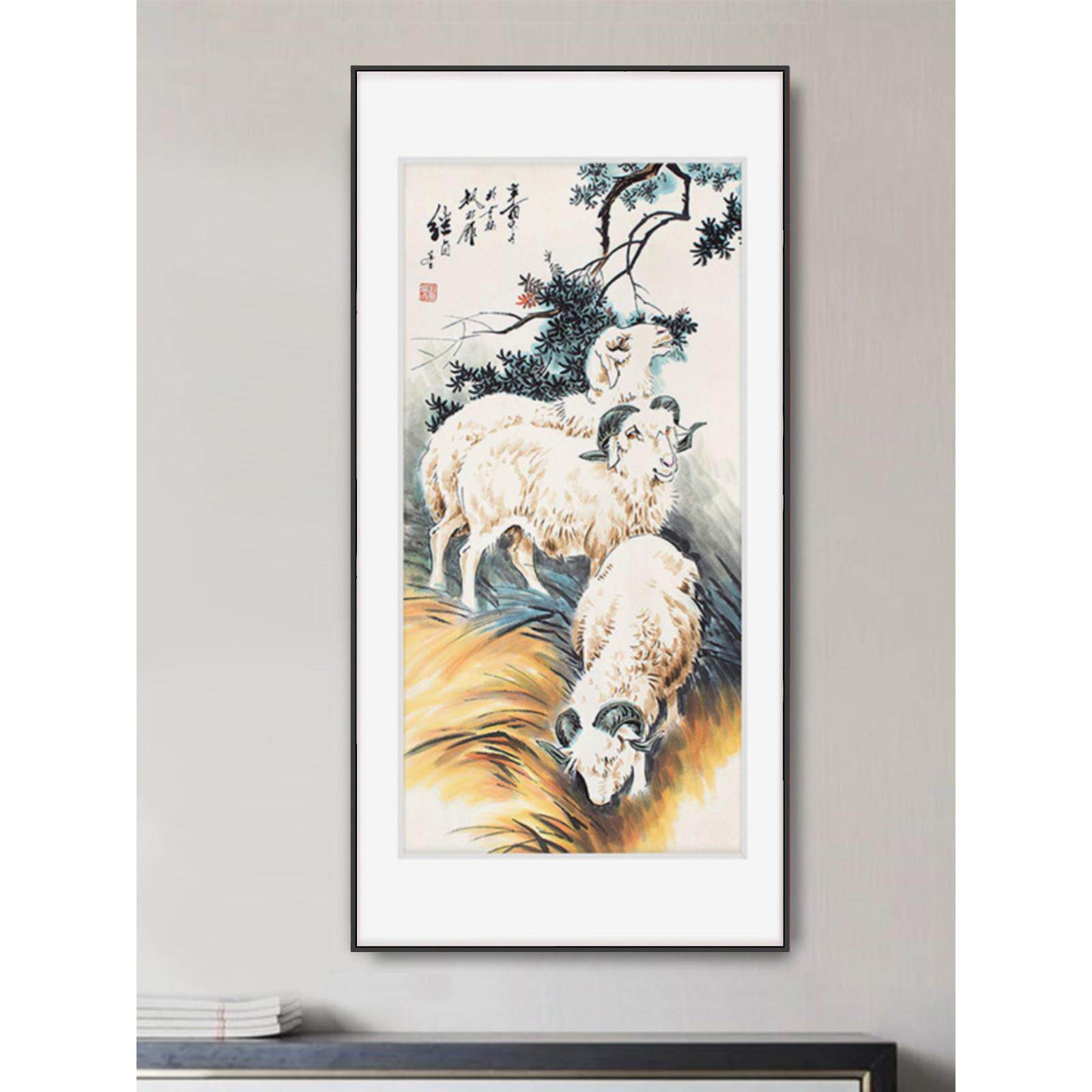 三阳开泰装饰画新中国风客厅挂画入口垂直壁画三阳开泰