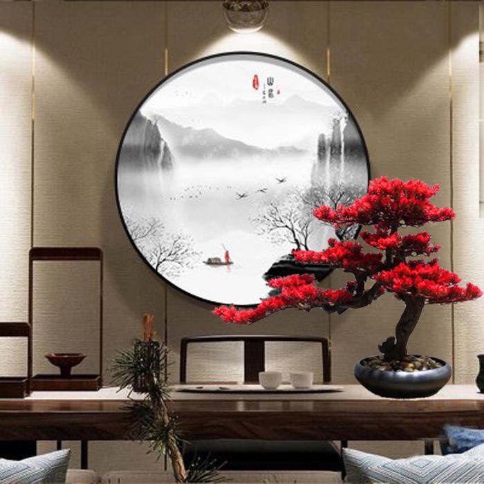 假崖柏 中式仿真迎客松树盆景酒店客厅玄关电视柜台面套装花摆件