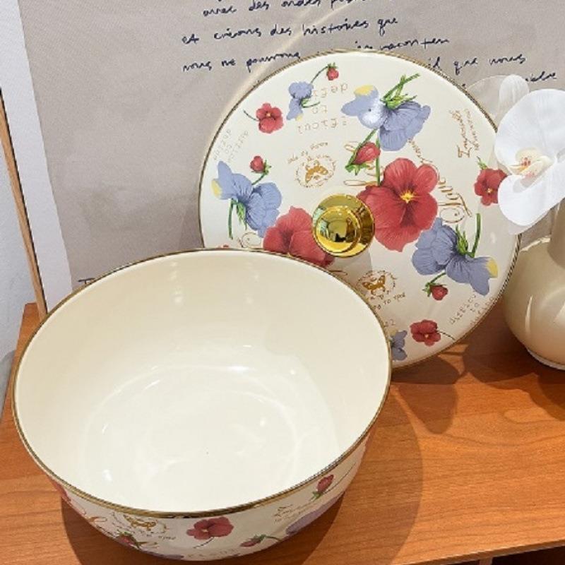 搪瓷出口日韩精品花卉芳香带盖子搪瓷盆加大加厚不沾盆煲汤锅