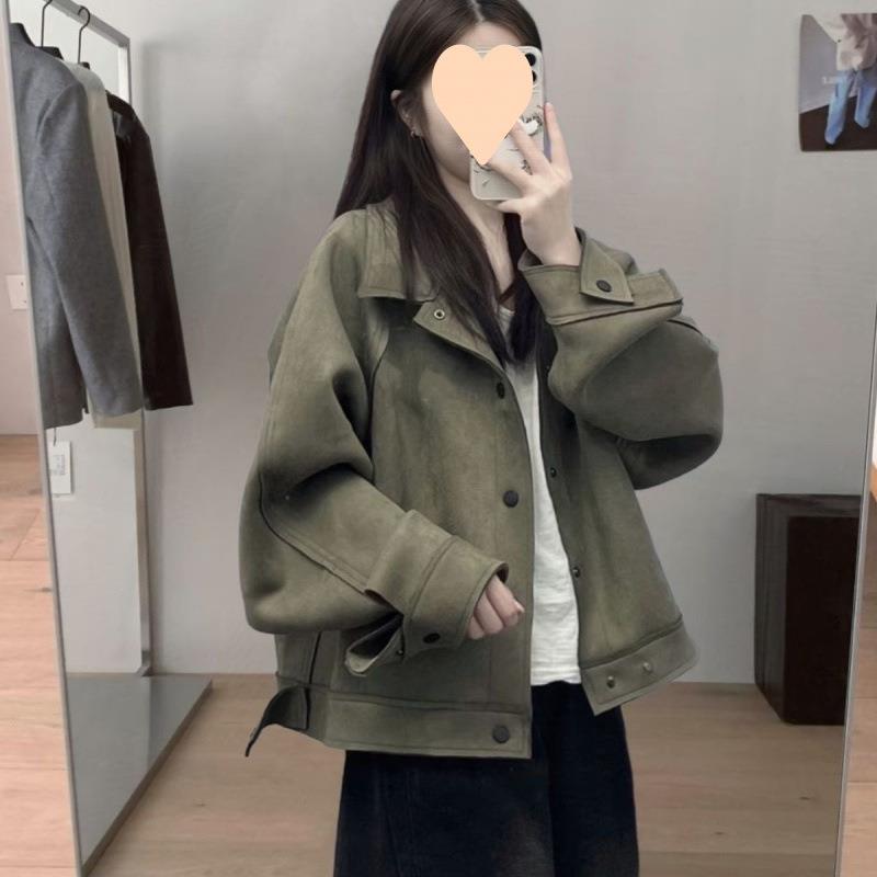 仿麂皮绒外套女春秋美式复古机车夹克工装小众设计感外套