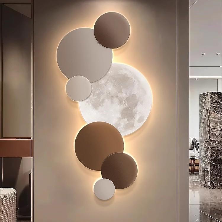 现代轻奢玄关装饰画竖版LED灯壁画高级感走廊过道挂画月亮圆形画