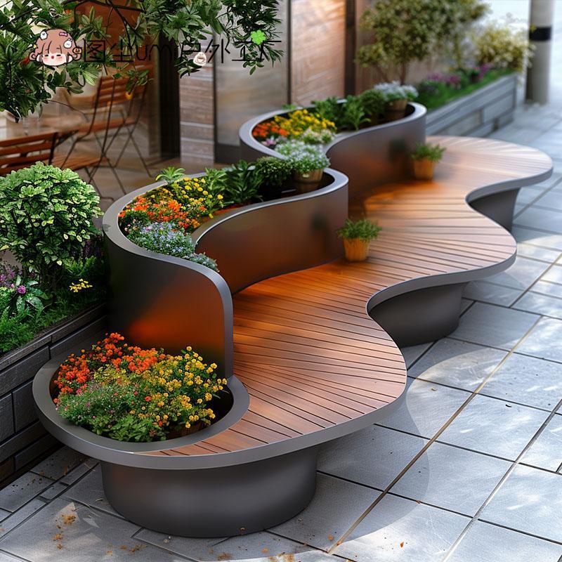 庭院别墅园林创意设计花箱座椅组合隔断铁艺花坛休息区户外商业街