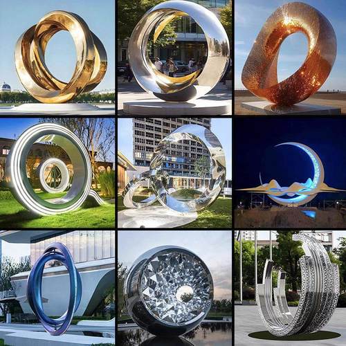 不锈钢圆环雕塑圆形抽象月亮发光流水镜面户外水景观金属定制大型
