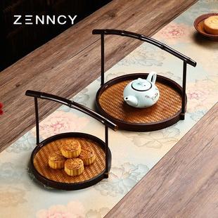 中式手提篮食盒下午茶茶具收纳托盘糕点摆盘抓周岁覆古竹编点心篮