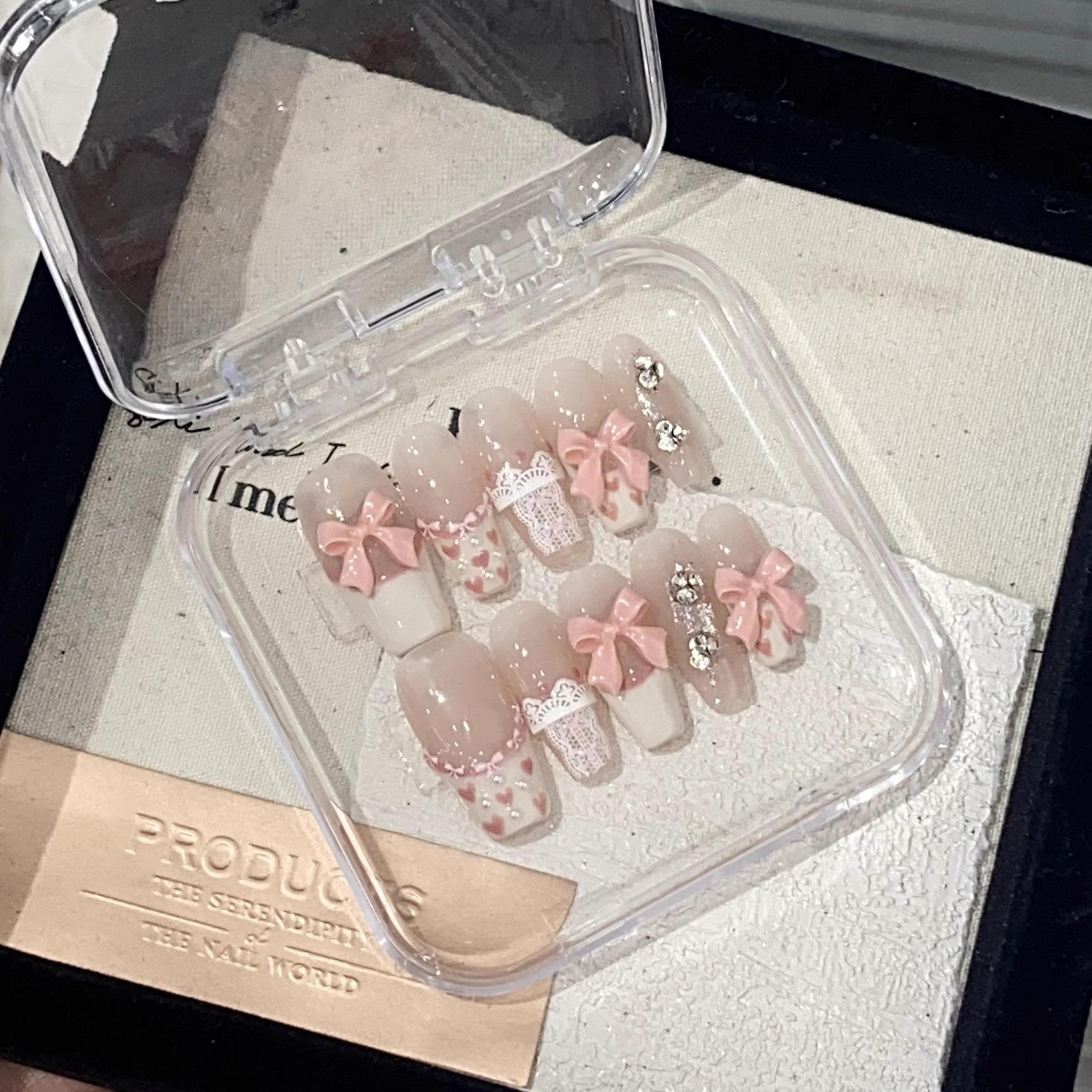 纯手工穿戴甲卡通甜美风法式蝴蝶结小碎钻miu系芭蕾可拆卸穿戴甲