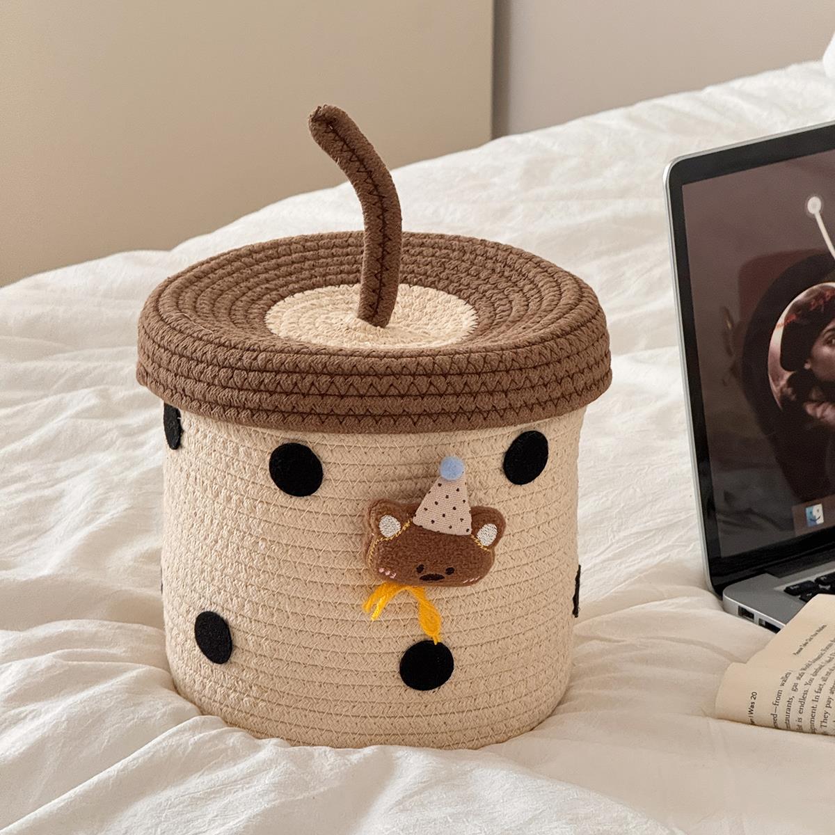 可爱帽子小熊棉绳收纳筐带盖大容量杂物整理篮化妆品桌面收纳盒