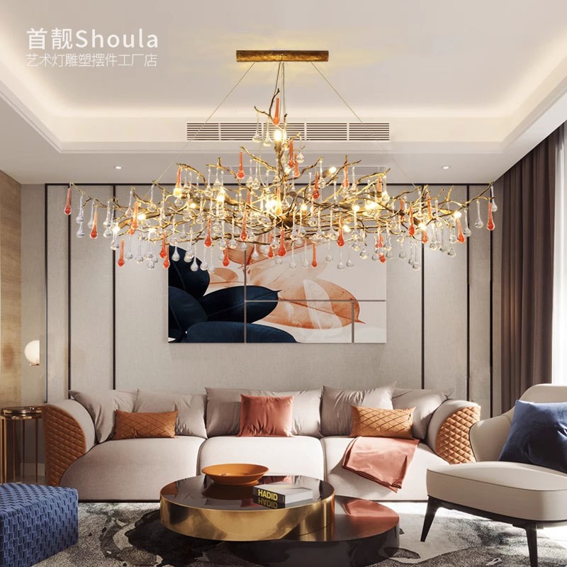 后现代别b墅复式楼创意奢华高档餐厅灯全铜树枝灯轻奢客厅水晶吊