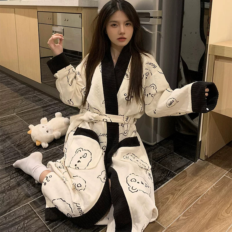 维多利亚卡通印花睡袍女秋冬长袖系带中纯棉家居服套装可外穿睡衣